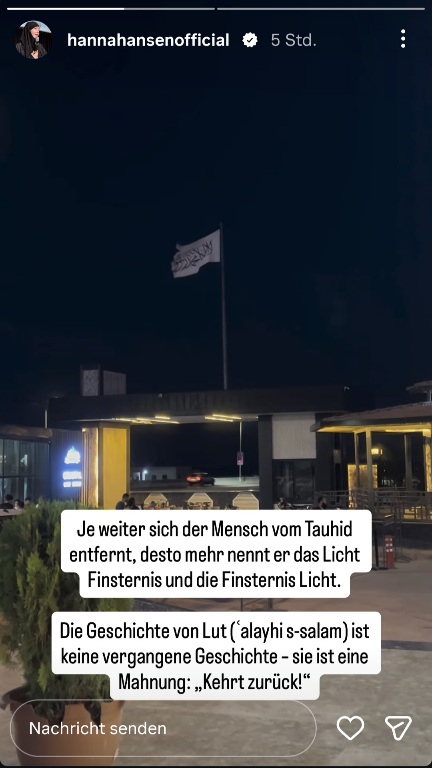 Hanna Hansen Story Instagram zeigt Shahada Flagge - mit der Mahnung "kehrt zurück" und dem Hinweis auf die Propheten Geschichte von Mut